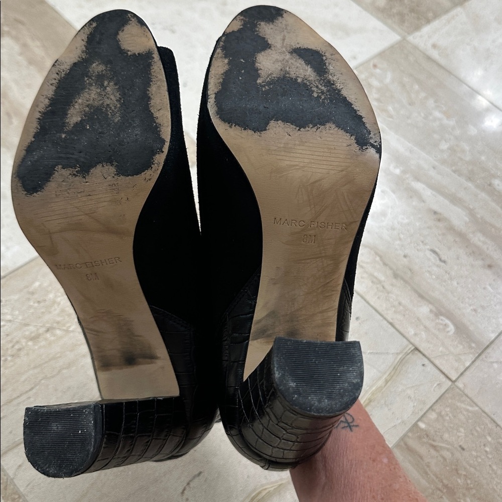 Marc Fisher Black Suede Peep-Toe Chunk Heeled Booties - Picture 8 of 10